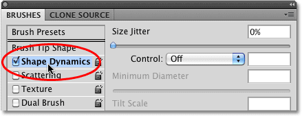 Selecting Shape Dynamics in the Brushes panel in Photoshop. Image © 2010 Photoshop Essentials.com