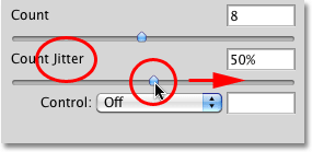 The Count Jitter option in the Scattering section of the Brushes panel in Photoshop. Image © 2010 Photoshop Essentials.com