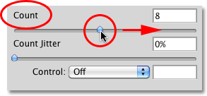 Increasing the Count value in the Scattering section of the Brushes panel in Photoshop. Image © 2010 Photoshop Essentials.com