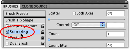 The Scattering options in the Brushes panel in Photoshop. Image © 2010 Photoshop Essentials.com