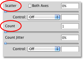 The Scatter and Count sections for the Scattering brysh dynamics in Photoshop. Image © 2010 Photoshop Essentials.com
