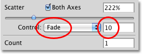 Setting the Control option to Fade in the Scattering section of the Brushes panel in Photoshop. Image © 2010 Photoshop Essentials.com