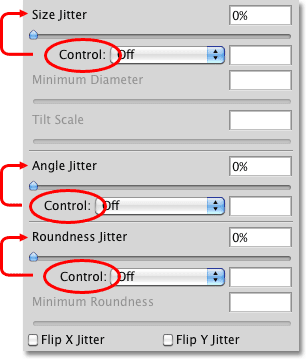 The Control options for the Size, Angle and Roundness sections of Shape Dynamics. Image © 2010 Photoshop Essentials.com