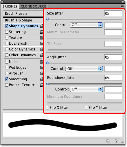 The Shape Dynamics options in the Brushes panel in Photoshop. Image © 2010 Photoshop Essentials.com