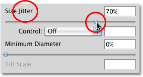 The Size Jitter slider in the Shape Dynamics section of the Brushes panel in Photoshop. Image © 2010 Photoshop Essentials.com