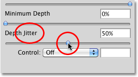 The Depth Jitter option in the Texture dynamics section of the Brushes panel in Photoshop. Image © 2010 Photoshop Essentials.com