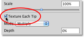 The Texture Each Tip option in the Brushes panel in Photoshop. Image © 2010 Photoshop Essentials.com