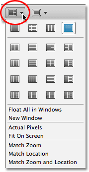 The Arrange Documents in the new Application Bar in Photoshop CS4. Image © 2009 Photoshop Essentials.com.