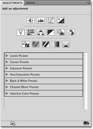 The new Adjustments Panel in Photoshop CS4. Image © 2009 Photoshop Essentials.com.