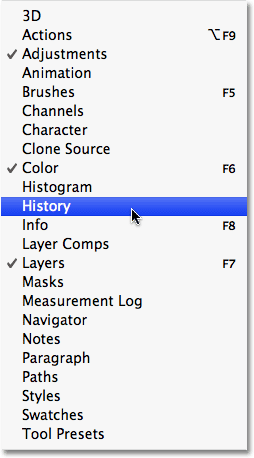 The Window menu displaying the panels in Photoshop CS4. Image © 2009 Photoshop Essentials.com.