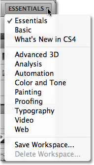 Selecting a workspace in Photoshop CS4. Image © 2009 Photoshop Essentials.com.