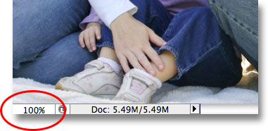 Changing the zoom level to 100% in the bottom left corner of the document window. Image © 2009 Photoshop Essentials.com.