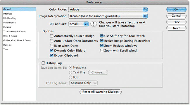 Photoshop CS3's General Preferences dialog box. Image © 2009 Photoshop Essentials.com
