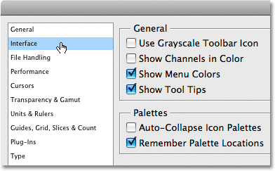 Photoshop CS3's New 'Interface' Preferences category. Image © 2009 Photoshop Essentials.com