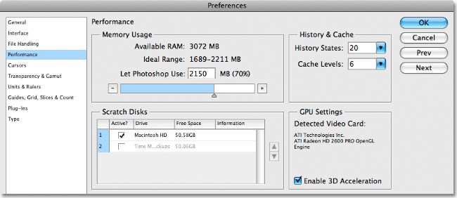 Photoshop CS3's new 'Performance' Preferences category.