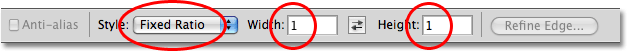 The Options Bar showing options for the Rectangular Marquee Tool. Image © 2009 Photoshop Essentials.com