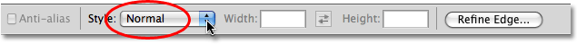 Setting the Style option for the Rectangular Marquee Tool back to Normal. Image © 2009 Photoshop Essentials.com
