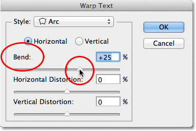 Lowering the Bend value of the Arc style to 25%. Image © 2011 Photoshop Essentials.com