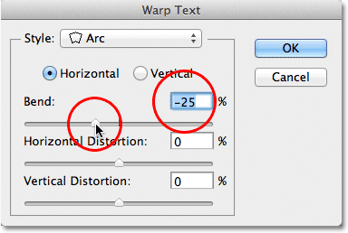 Lowering the Bend value of the Arc style to -25%. Image © 2011 Photoshop Essentials.com
