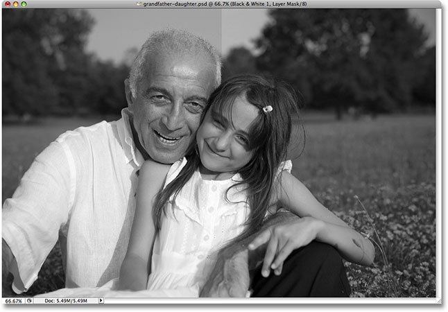 The sky now appears darker in the black and white version. Image © 2009 Photoshop Essentials.com.