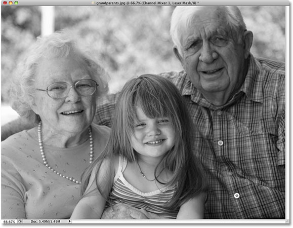 The black and white version of the image using the default Channel Mixer settings. Image © 2010 Photoshop Essentials.com