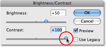 Increasing the Contrast value to its maximum in Photoshop CS3. Image © 2009 Photoshop Essentials.com.