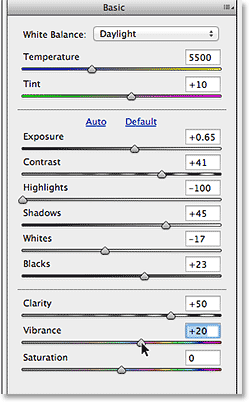 The Basic panel in Adobe Camera Raw 8. Image © 2013 Steve Patterson, Photoshop Essentials.com