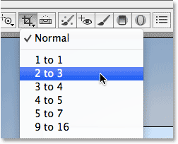 Choosing a preset aspect ratio for the Crop Tool in Camera Raw. Image © 2013 Steve Patterson, Photoshop Essentials.com