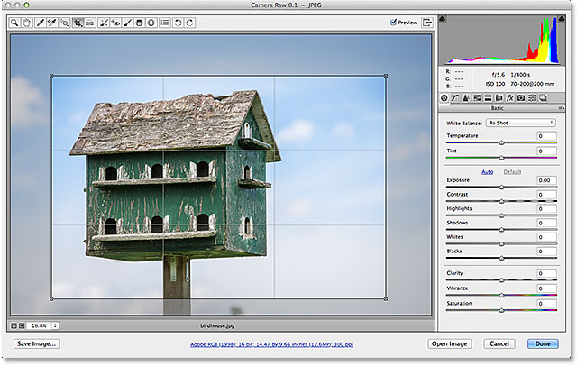 The crop box and cropped image area reappear in Camera Raw. Image © 2013 Steve Patterson, Photoshop Essentials.com