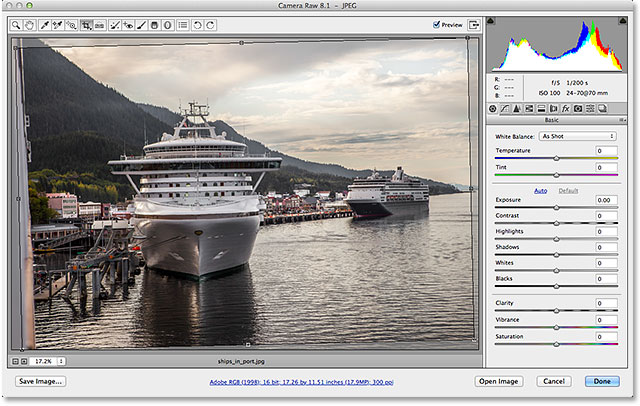 Reselecting the Crop Tool brings back the crop box. Image © 2013 Steve Patterson, Photoshop Essentials.com
