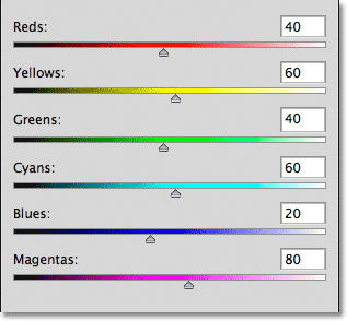 The six color sliders for the Black and White adjustment in Photoshop. Image © 2012 Photoshop Essentials.com