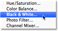 Adding a Black and White adjustment layer in Photoshop. Image © 2012 Photoshop Essentials.com