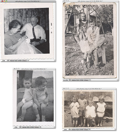 All four photos have been cropped, straightened and opened in separate document windows. Image © 2010 Photoshop Essentials.com.