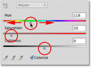 Adjusting the Hue, Saturation and Lightness controls. Image © 2010 Photoshop Essentials.com
