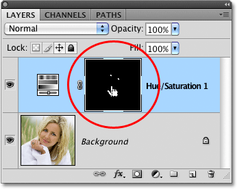 The layer mask thumbnail for the Hue/Saturation adjustment layer in Photoshop. Image © 2010 Photoshop Essentials.com