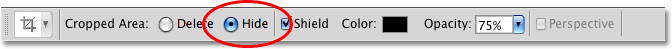 Choosing the Hide option from the Options Bar with the Crop Tool selected. Image © 2009 Photoshop Essentials.com