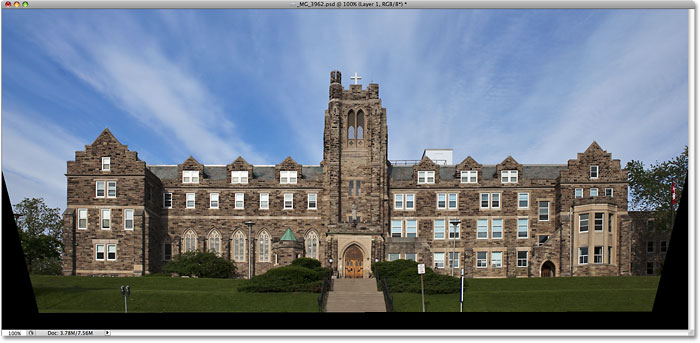 The image after correcting keystoning with the Lens Correction filter. Image © 2009 Photoshop Essentials.com