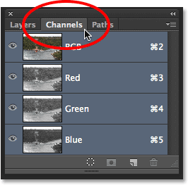 Switching to the Channels panel in Photoshop CS6. Image © 2013 Steve Patterson, Photoshop Essentials.com.