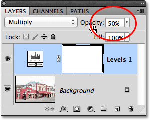 Lowering the opacity of the adjustment layer to 50%. Image © 2011 Photoshop Essentials.com