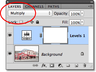 Changing the blend mode of the adjustment layer to Multiply. Image © 2011 Photoshop Essentials.com