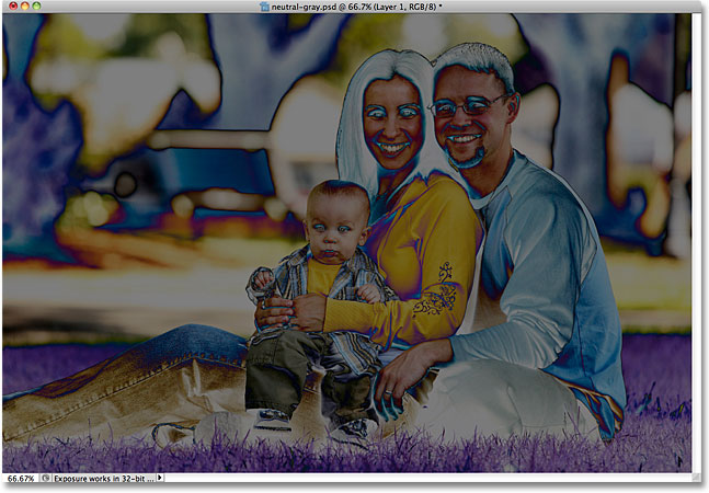 The photo after changing the blend mode to Difference in Photoshop. Image © 2010 Photoshop Essentials.com