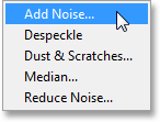 Selecting the Add Noise filter in Photoshop. Image © 2013 Photoshop Essentials.com