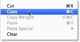 Choosing the Copy command from the Edit menu in Photoshop. Image © 2014 Photoshop Essentials.com