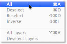 Choosing the Select All command in Photoshop. Image © 2014 Photoshop Essentials.com