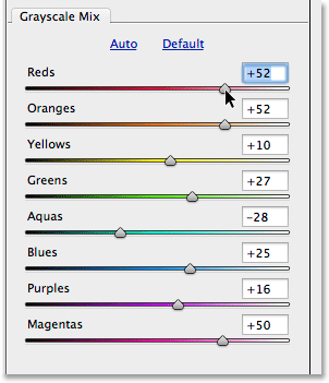 Dragging the color sliders in the HSL / Grayscale panel. Image © 2014 Photoshop Essentials.com