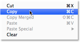 Selecting the Copy command from the Edit menu. Image © 2014 Photoshop Essentials.com.