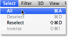 Choosing the Select All command from the Menu Bar. Image © 2014 Photoshop Essentials.com.
