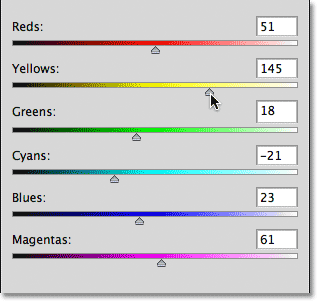 The Black & White image adjustment's color sliders. Image © 2012 Photoshop Essentials.com