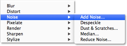 Selecting the Add Noise filter in Photoshop. Image © 2013 Photoshop Essentials.com