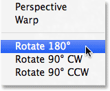Choosing the Rotate 180 degrees command from the Transform menu. Image © 2013 Photoshop Essentials.com